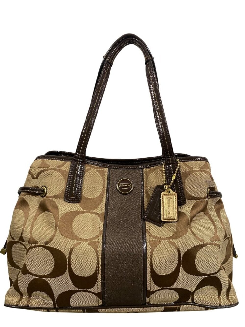 Coach Signature Canvas Tote Bag With Brown Leather Trim & Gold Hardware F21949